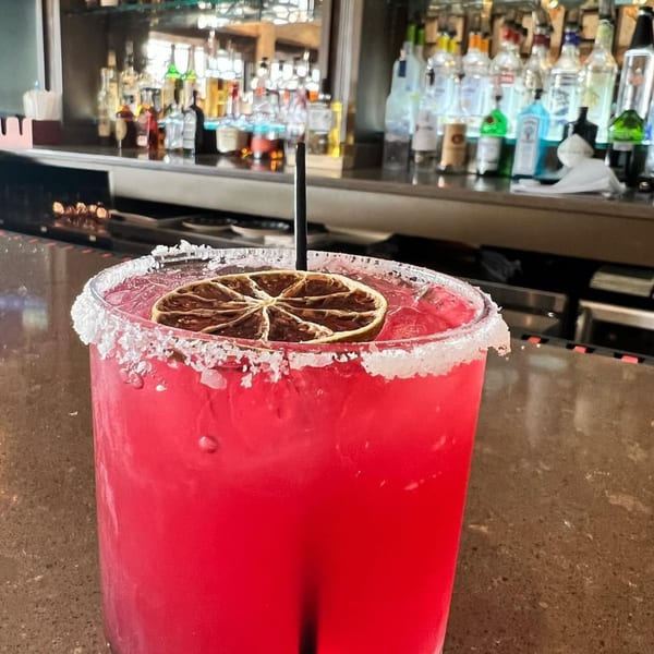 A vibrant red cocktail with a salted rim and dried citrus slice sits on a bar counter.