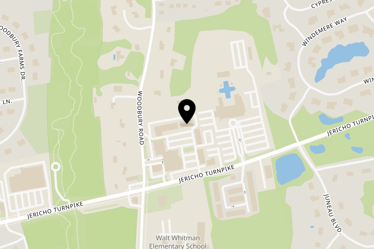 Map showing the location of Krinti Mediterranean Grill on 8285 Jericho Turnpike in Woodbury